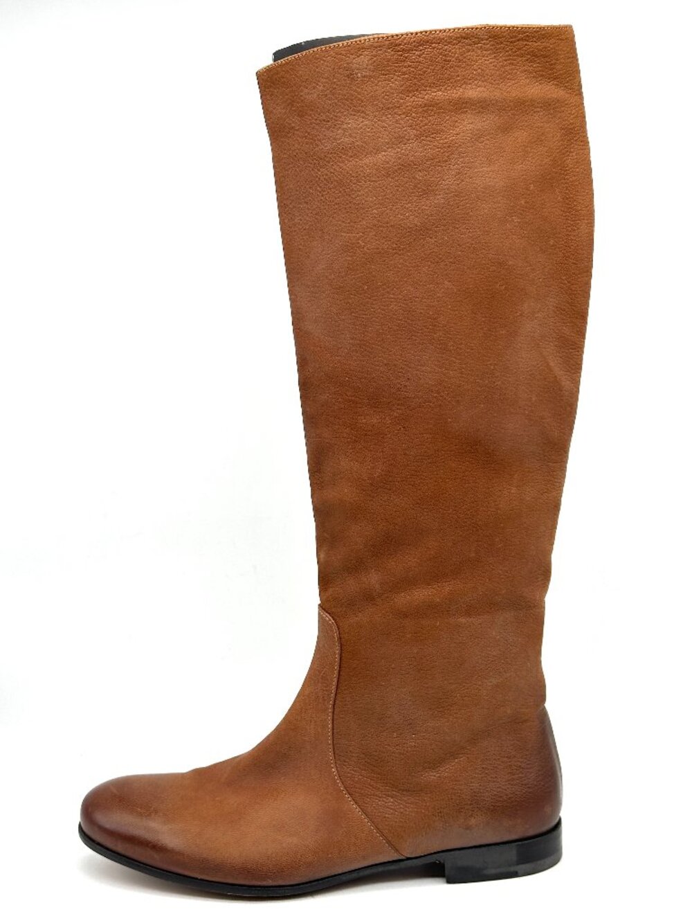 Prada Brushed  Distressed Leather Tall Flat Riding Boots Cuoio Brown